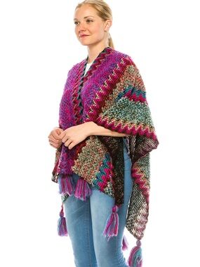 Roffe Multicolor Open-Knit Shawl with Teal Trim